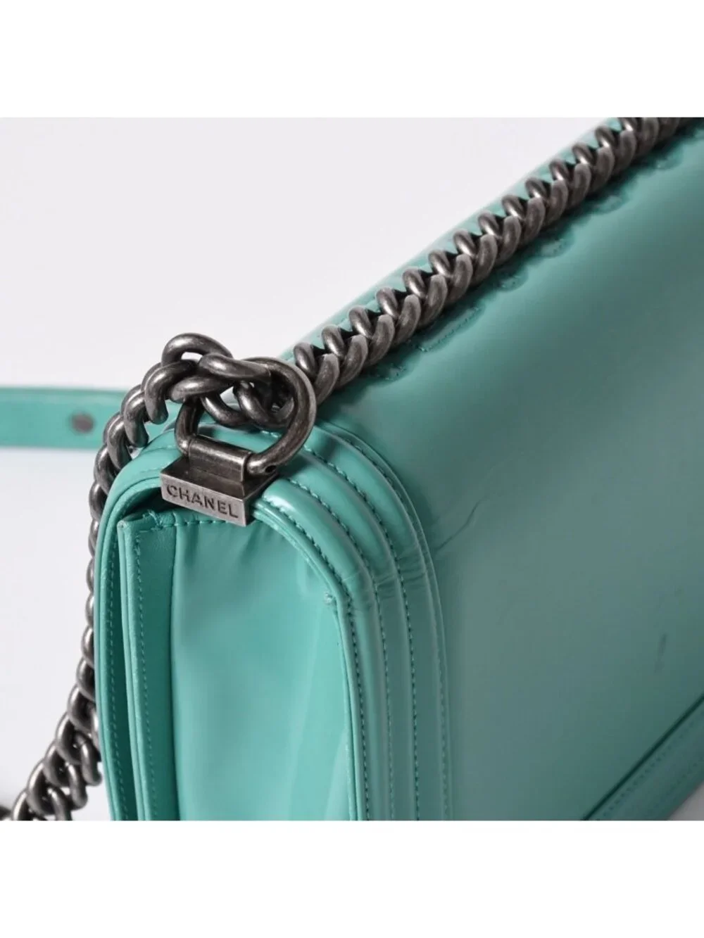 Chanel Boy Large Chain Shoulder Bag CC Logo Calfskin Turquoise